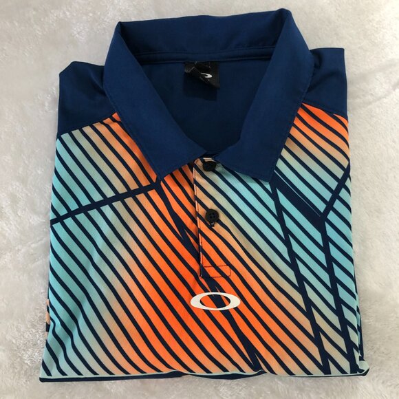 Oakley Polo Shirt Men’s Large Navy Blue Multi-Color Striped Short Sleeve - Picture 4 of 8